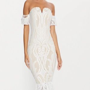 White Bardot Lace Frill Hem Midi Dress